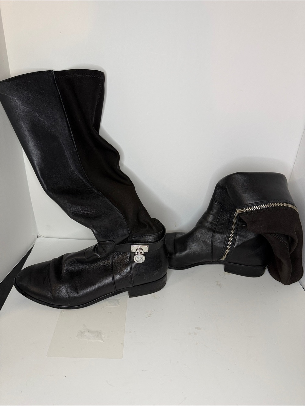 Michael Kors Women's Black Leather Knee Boots with Side Zip